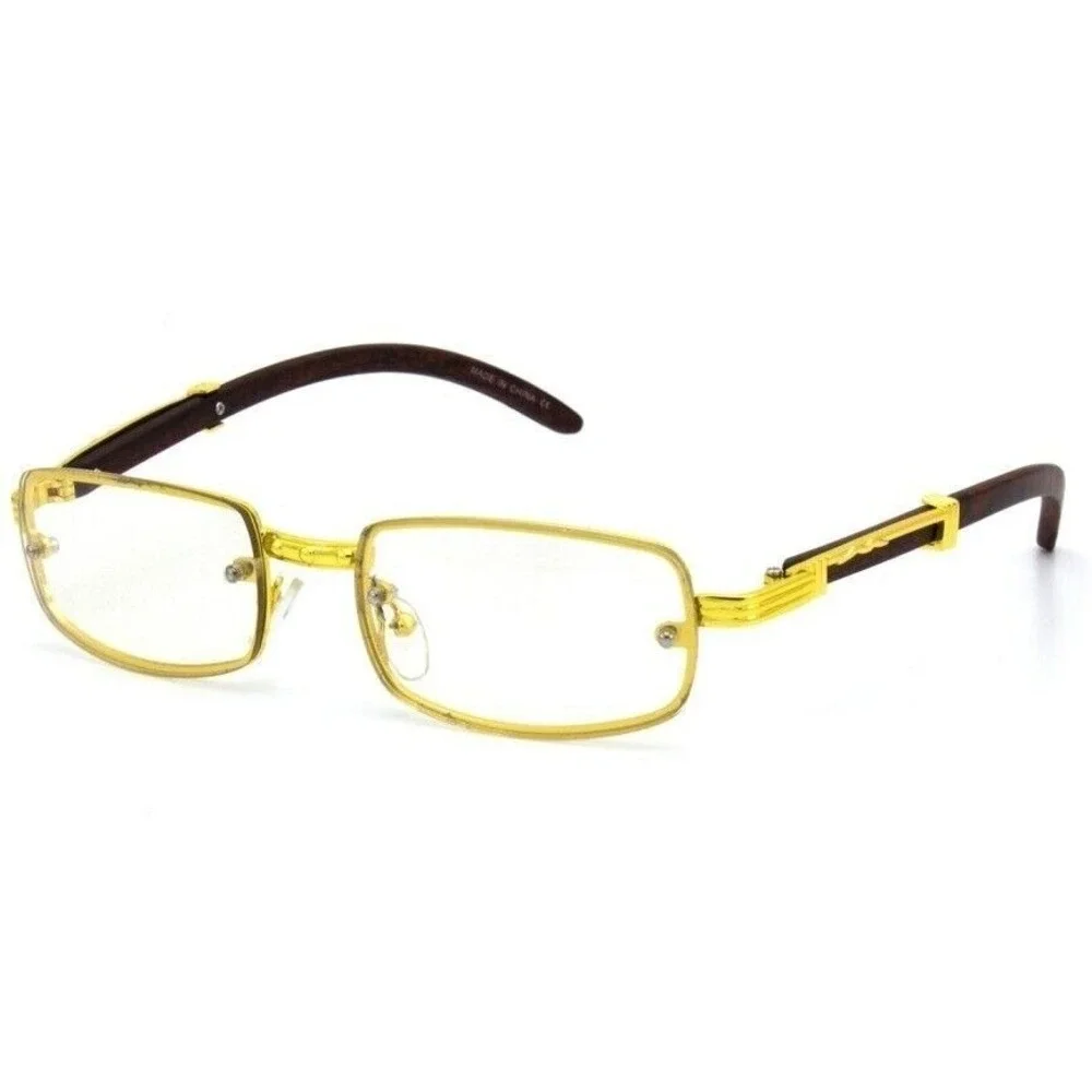 Rimless Rectangle Glasses Gold Frame Wood Arms Women Fashion Eyewear Trendy 2026